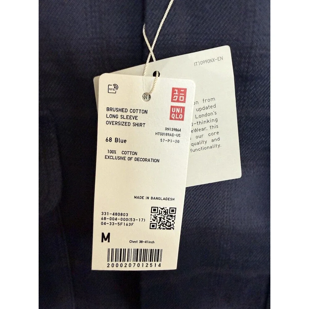 Uniqlo x JW Anderson Brushed Cotton Oversized Shirt Plaid Blue Size Medium NWT